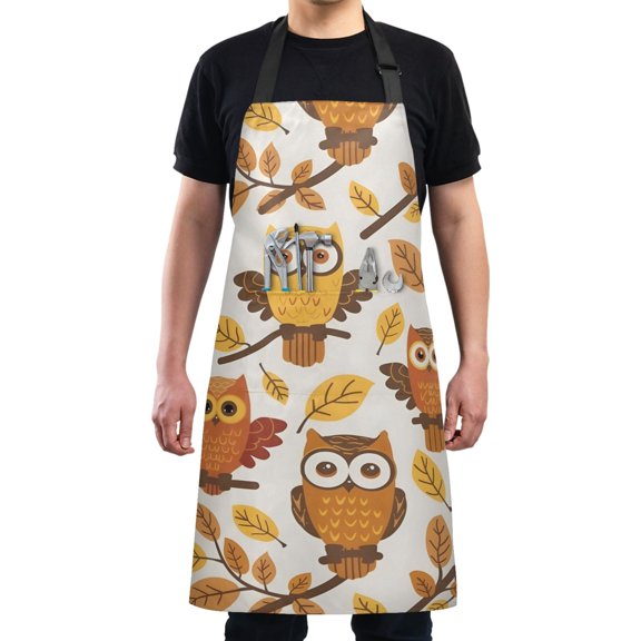 Owls and Fall Leaf Kitchen Apron with 2 Pockets Adjustable waterproof Cooking Aprons for Women Men Chef