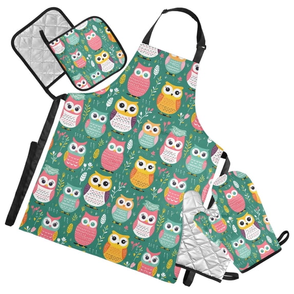 Owls and Plant 5 Pcs Kitchen Set Heat Resistant Oven Mitts and Non-Slip Pot Holders with Adjustable Cooking Apron