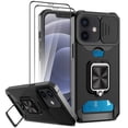 thumbnail image 1 of Owlwon Case Wallet for iPhone 12/12 Pro & 2 Screen Protectors, [ Sliding Camera Cover + Card Holder Slot + Magnetic Kickstand Ring] Heavy Duty Case Military Grade Cover (Black), 1 of 8