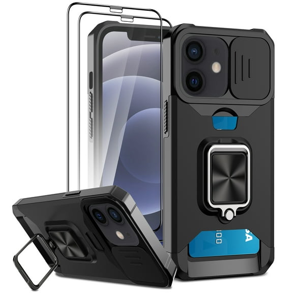 Owlwon Case Wallet for iPhone 12/12 Pro & 2 Screen Protectors, [ Sliding Camera Cover + Card Holder Slot + Magnetic Kickstand Ring] Heavy Duty Case Military Grade Cover (Black)
