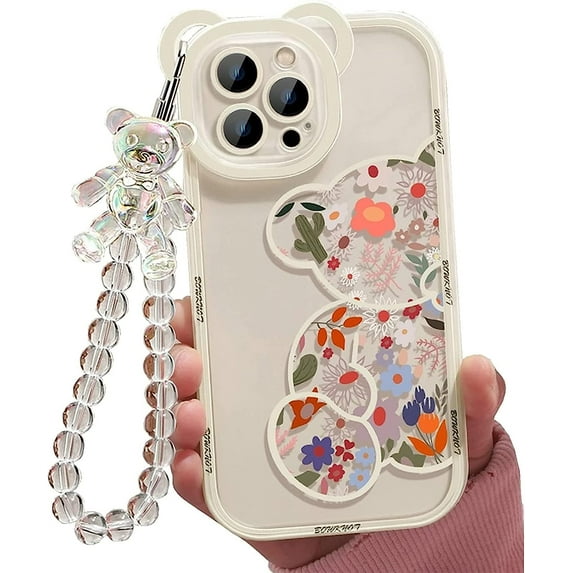 Owlwon Compatible with iPhone 11 Cute Case with Chain Wrist Strap for Girls Women, Flexible Back Cover With Camera Protection, Clear, Floral Bear