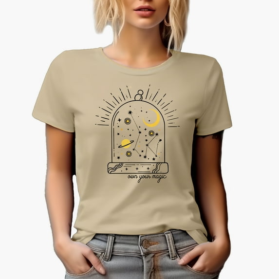 Own Your Magic, Boho Mystical & Celestial Art Merch Gift, Tan T-Shirt, Small