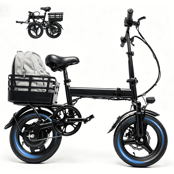OwnGold 14IN Folding Electric Bicycles for Adults Teens with Basket,500W Peak Motor Up to 20 mph Range 30 Miles,36V 12Ah Removable Battery,Commuter/Shopping Mini Ebike,UL 2849