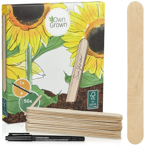 OwnGrown Wooden Round Plant Markers (50) & Marker Pen - Plant Labels, Plant Tags, Seedling Labels, Gardening Name Tags, Garden Sign