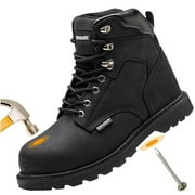 OwnShoe Mens Steel Toe Work Boots Leather Safety Shoes Non-Slip Industrial Work Shoes Goodyear Constructions Boots