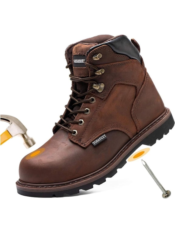 OwnShoe Men's Steel Toe Work Boots Leather Safety Shoes Non-Slip Industrial Work Shoes Goodyear Constructions Boots