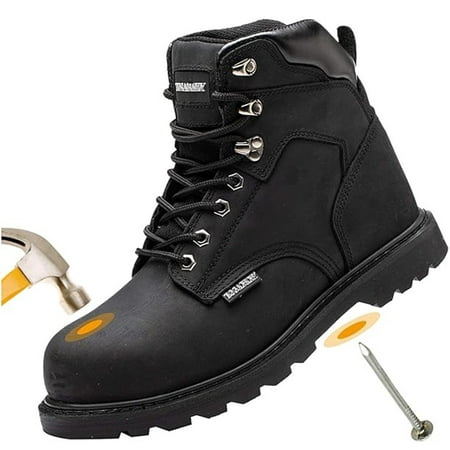 OwnShoe Men's Steel Toe Work Boots Leather Safety Shoes Non-Slip Industrial Work Shoes Goodyear Constructions Boots