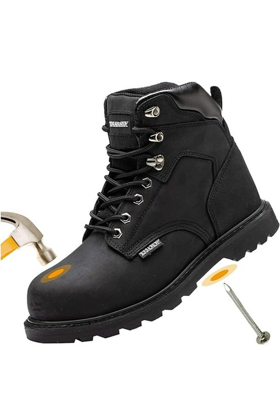 OwnShoe Men's Steel Toe Work Boots Leather Safety Shoes Non-Slip Industrial Work Shoes Goodyear Constructions Boots