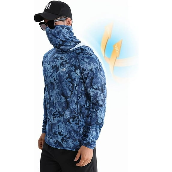 OwnShow Sunscreen Rash Guard Fishing Shirt for Men Quick-Dry UPF 50 Sun Protection Coat Lure Hooded Mask for Fishing Clothing