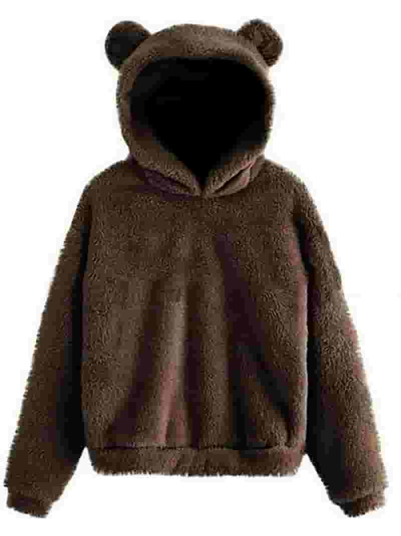 OwnShow Women's Cute Teddy Bear Ears Fleece Hoodie Sweatshirt Long