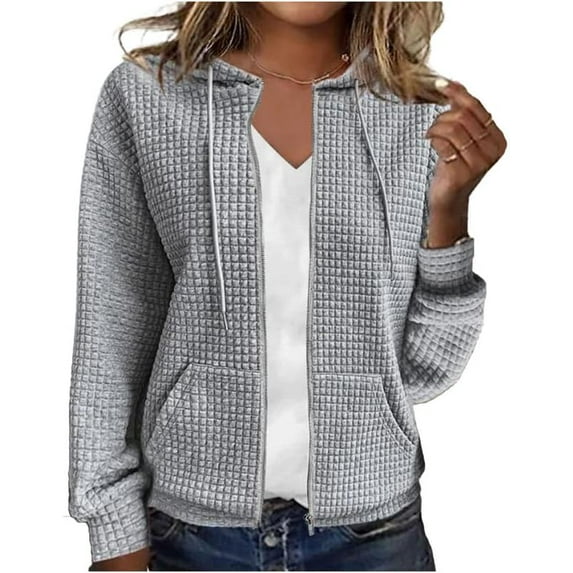 OwnShow Women's Waffle Knit Hoodies Sweatshirt Long Sleeve Drawstring Pockets Casual Zipper Jacket