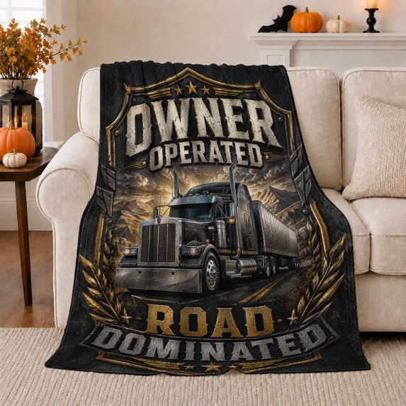 Owner Operator Semi Truck on Mountain Road with Gold Shield Badge, Dramatic Graphic Trucking Style for Truck Drivers, Warm Flannel Blanket for Garage and Office, Retirement Gift, Home Decor