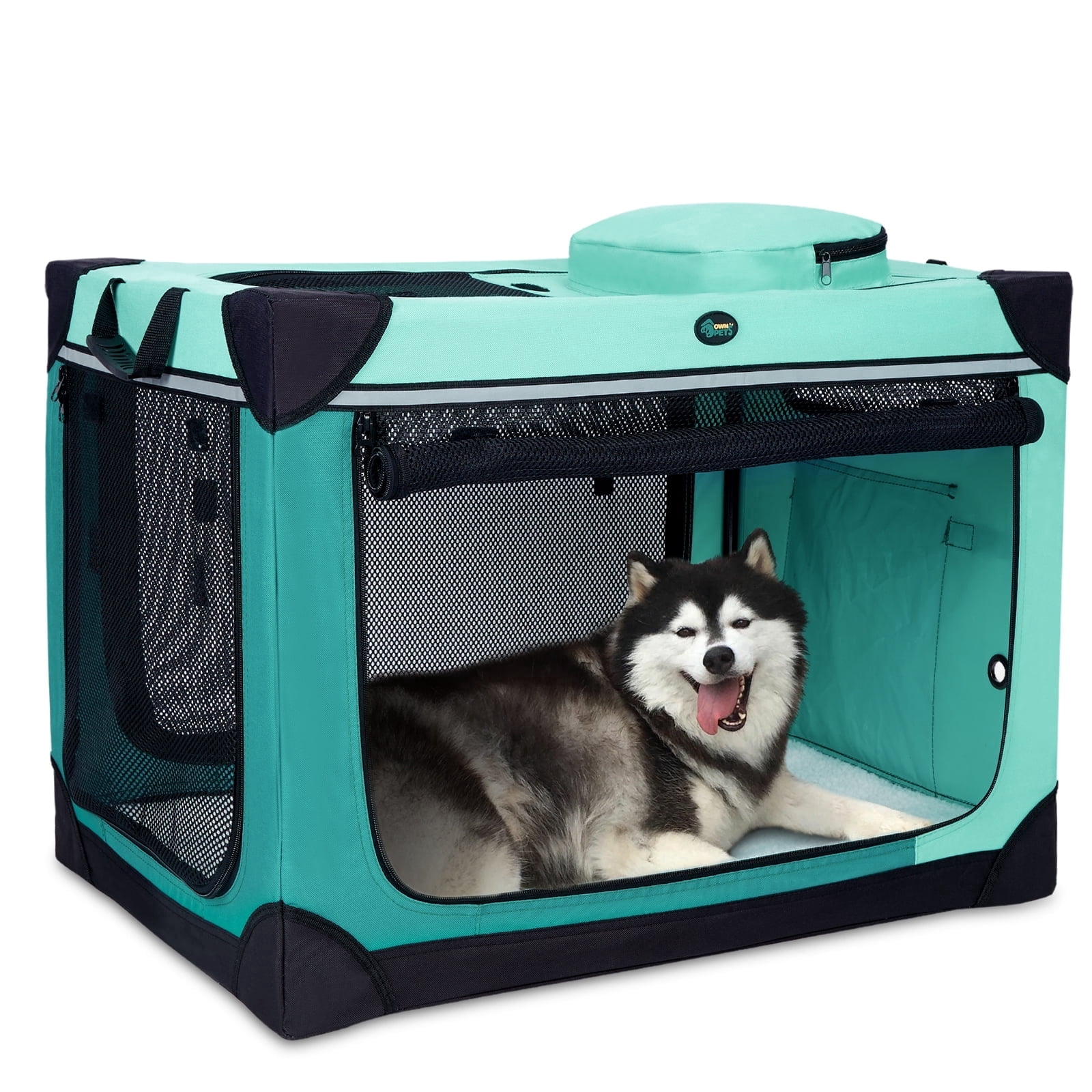 Ownpets Collapsible Dog Crate 42 inch Portable Travel Dog Crate for Large Dogs 4-Door Foldable Pet Kennel with Durable Mesh Windows & Soft Mat