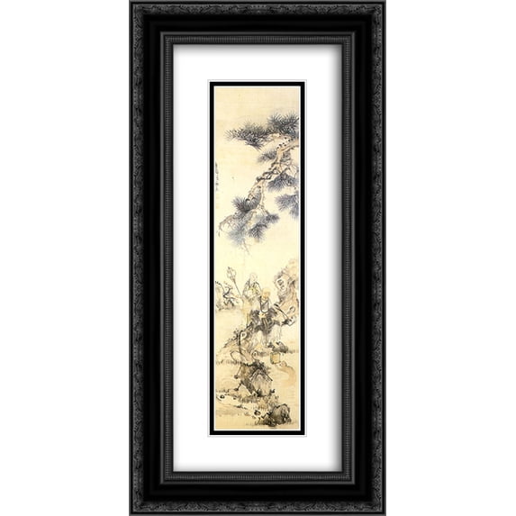 Owon 2x Matted 14x24 Black Ornate Framed Art Print 'Painting of an old monk under the pine tree'