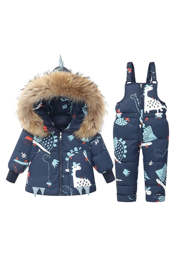 2 Pcs Baby Boys Girls Caroon Dinosaur Zipper Hooded Snowsuit Down Jacket Ski Jacket+Snow Bib Pants Set