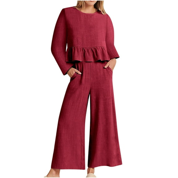 Owordtank 2 Piece Pants Set for Women Loose Fit with Pockets Tops Long Sleeve Solid Color Cotton Linen Round Neck Pants