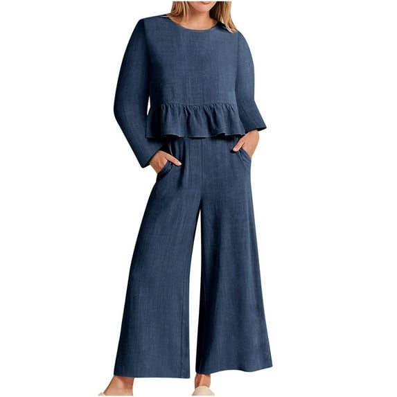 Owordtank 2 Piece Pants Set for Women Solid Color with Pockets Tops Long Sleeve Round Neck Loose Fit Cotton Linen Pants