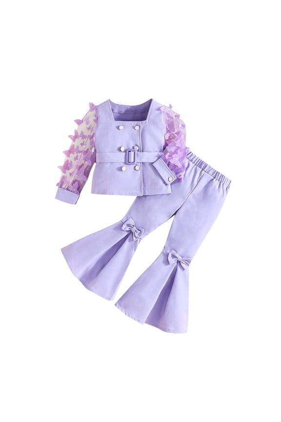 2PCS Set Girls Formal Outfits Spring Sheer Long Sleeve Double Breasted Blazer Coat Suit Pants