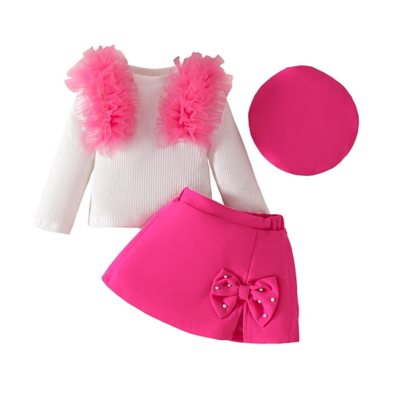 Owordtank 3 Piece Newborn Baby Girls Fall Winter Outfit Long Sleeve Ribbed Ruffle Sweater Tops+Bow Skirt+Beret Hat