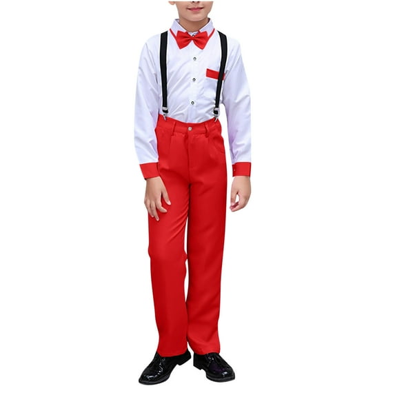 Owordtank 3 Pieces Boys Suits Formal Dresswear Kids Dress Shirt with Bowtie Suspender Pants Outfit Sets Gentleman Wedding Suit
