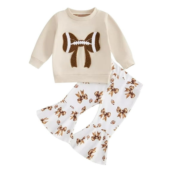 Owordtank Baby Girl 2Pcs Sets Football Outfit Toddler Fall Clothes Rugby Bowknot Embroidered Sweatshirt Bell Bottom Pants