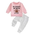 thumbnail image 1 of Owordtank Baby Girl 2Pcs Sets Football Outfit Toddler Fall Clothes Rugby Bowknot Embroidered Sweatshirt Bell Bottom Pants, 1 of 2