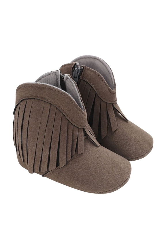 Baby Girl Cowboy Tassel Boots Side Zipper Non Slip Stay On Booties Infant Toddler First Walker Warm Winter Crib Shoes
