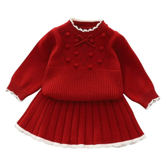 Owordtank Baby Girls 2 Piece Outfits Knitted Ruffle Cute Bowknot Button Down Cardigan Sweater A-Line Mini Skirt Sets