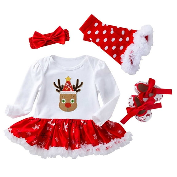 Owordtank Baby Girls My First Christmas Outfit Newborn Infant Princess Romper Dress + Headband + Shoes 3pcs