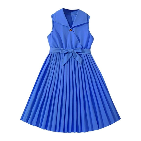 Owordtank Big Girls Sleeveless Pleated Summer Dress Kids Casual A line Swing Dresses Tween V Neck Tie Waist Midi Dresses