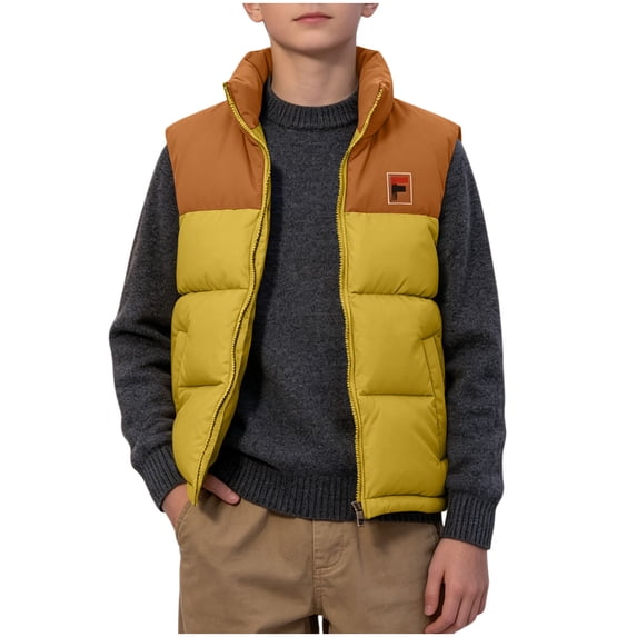 Owordtank Boys Color Block Puffer Vest Stand Collar Full Zip F Logo Patch Side Pockets Warm Sleeveless Outdoor Waistcoat