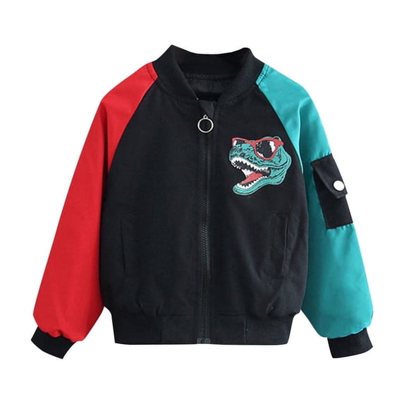 Owordtank Boys Colorblock Dinosaur Print Zip-Up Baseball Jacket Casual Outerwear