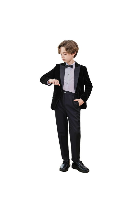 Boys Formal Suits Ring Bearer Outfits with Blazer Jacket Dress Shirt Pants Vest Bow Tie 5 Piece Tuxedo Set