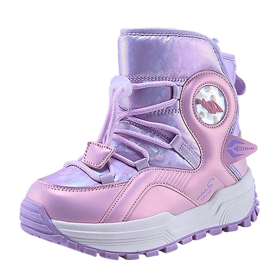 Owordtank Boys Girls Winter Boots Kids Waterproof Snowboots Fleece Lined Mid Calf Warm Shoes Winter Outdoor Non Slip Metallic Snow Boot