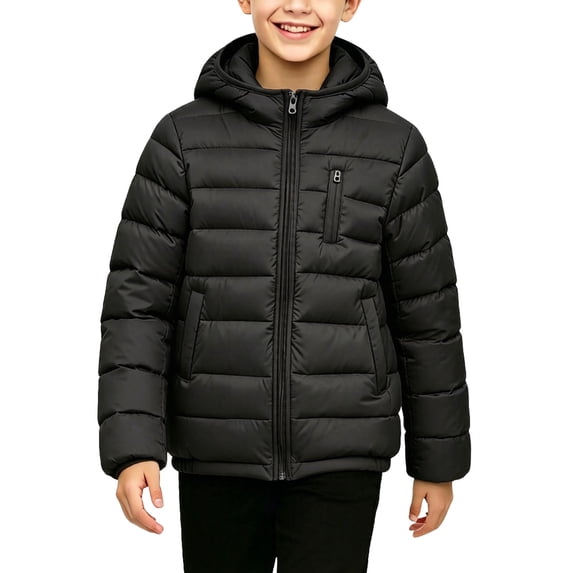 Owordtank Boys Hooded Quilted Puffer Jacket Full Zip Warm Casual Outerwear With Multi Zipper Pockets