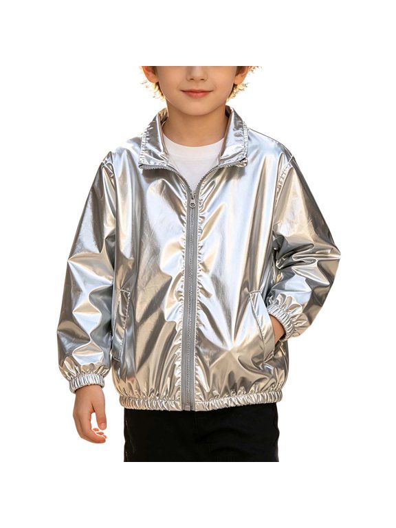 Boys Shiny Metallic Silver Stand Collar Zip Jacket Elastic Cuff Fashion Stage Outerwear With Side Pockets