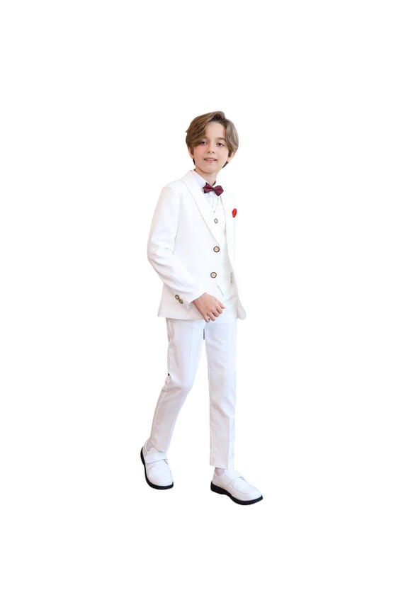 Boys Suits 6 Piece Tuxedo Set with Blazer Jacket Dress Shirt Pants Vest Bow Tie Pocket Square for Kids 1-14 Years