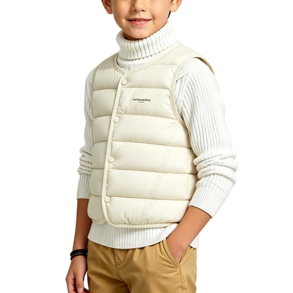 Owordtank Boys V Neck Snap Button Lightweight Quilted Puffer Vest Kids Warm Sleeveless Inner Layering Waistcoat