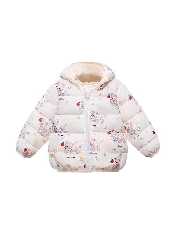 Bunny Floral Bow Print Kids Hooded Puffer Jacket Full Zip Elastic Cuff Light Warm Winter Outerwear