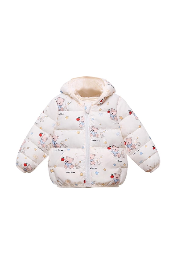 Bunny Floral Bow Print Kids Hooded Puffer Jacket Full Zip Elastic Cuff Light Warm Winter Outerwear
