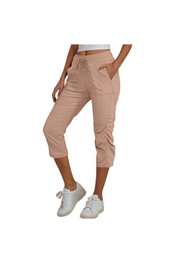 Capri Pants for Women Summer Cargo Pants Drawstring Elastic Waist Pockets Casual Hiking Outdoor Cropped Pants