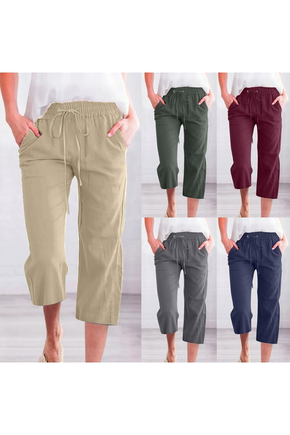 Capris Pants for Women Cotton Linen Casual SummerStraight Wide Leg Loose Drawstring Cropped Trouser