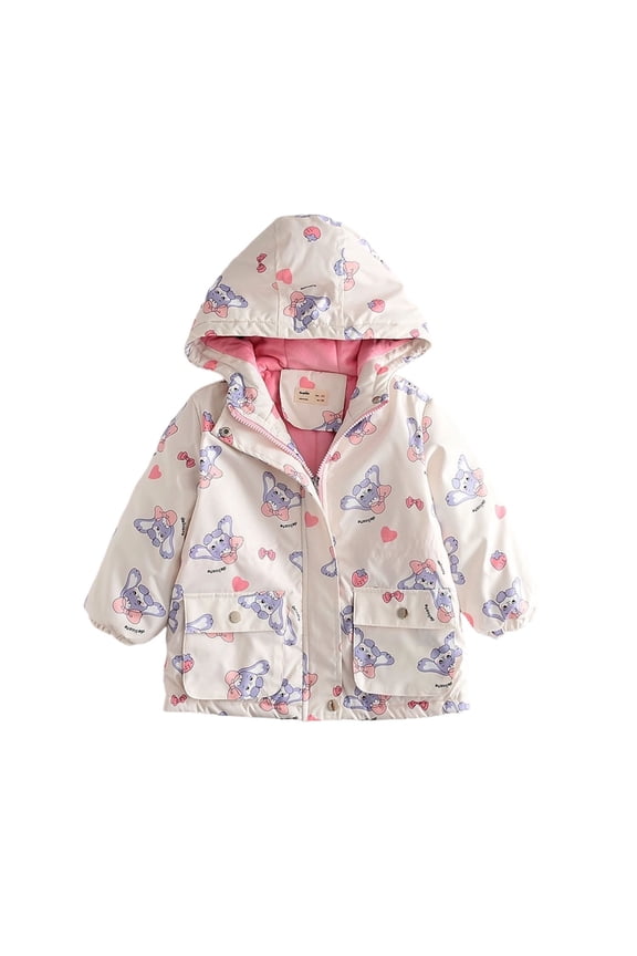 Cartoon Bunny Heart Print Kids Hooded Jacket Pink Fleece Lined Zip Snap Multi Pockets Warm Girls Outerwear
