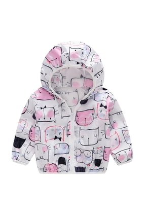 Cartoon Line Drawing Cat Print Kids Hooded Sun Protection Jacket Full Zip Elastic Cuff Breathable Summer Outerwear