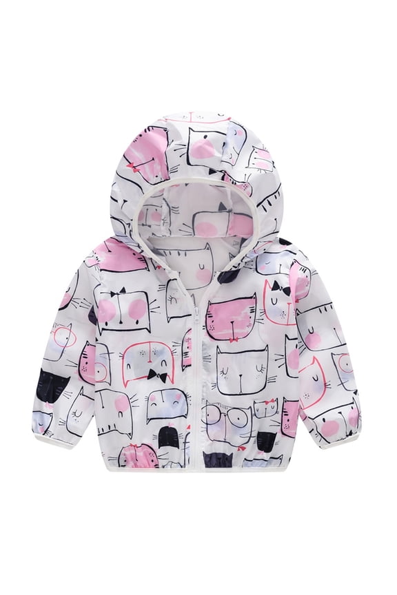 Cartoon Line Drawing Cat Print Kids Hooded Sun Protection Jacket Full Zip Elastic Cuff Breathable Summer Outerwear