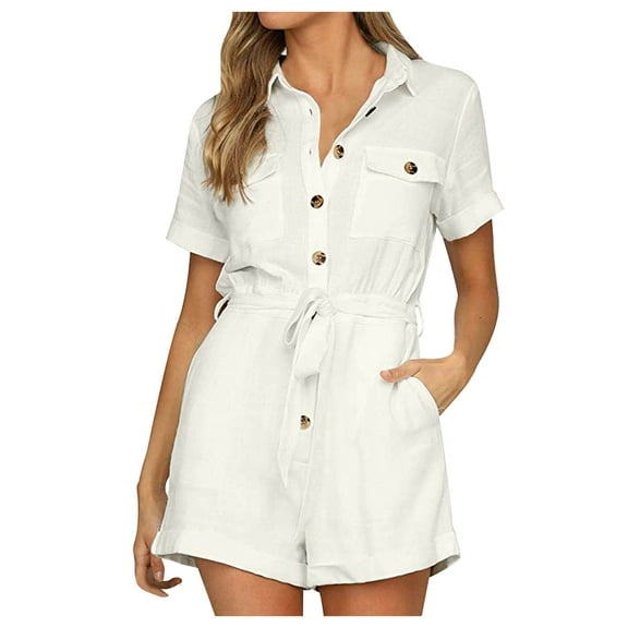 Owordtank Casual Button Short Jumpsuits for Women Summer Solid Color Rompers