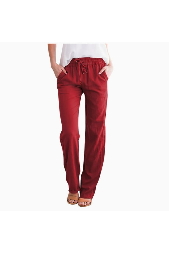 Casual Pants for Women Cotton Solid Color Casual Khaki Pants Long Drawstring Elastic Straight Leg Pants Red S