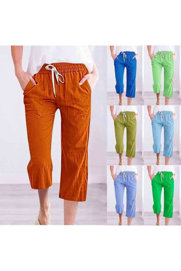 Capri Pants for Women Casual Summer Drawstring Elastic High Waist Linen Pants Wide Leg Lounge Capris