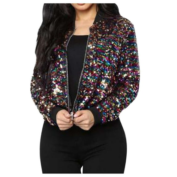 Owordtank Concert Ready Outfits Women's Glitter Cropped Long Sleeve Zipper Bomber Jacket Outwear