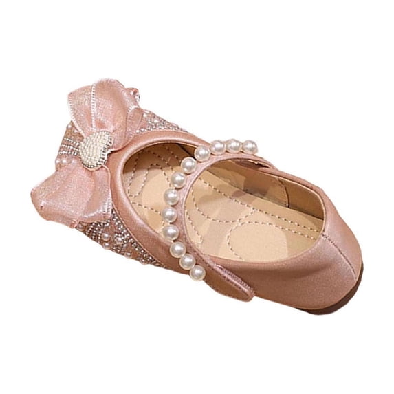 Owordtank Cute Girls Mary Jane Shoes with Pearl Bow Heart Decor Comfortable Casual Flats for Toddler Kids Party Outdoor Wear